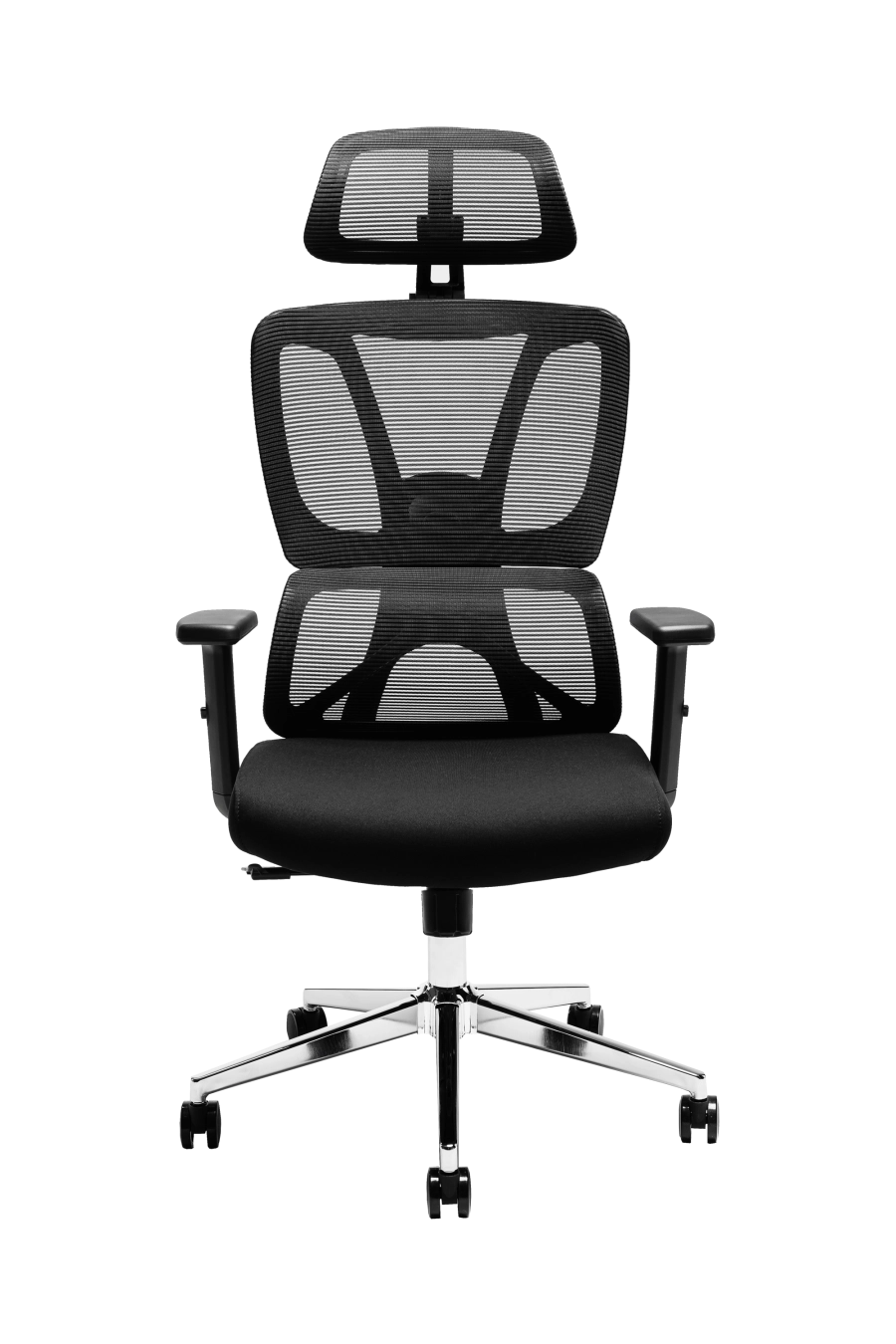 Cordoba: CUSTÓ Cordoba combină eleganţa minimalistă cu ergonomia avansată: şezutul tapitat din stofă conferă confort imediat, iar spătarul din plasă elastomerică asigură o ventilaţie eficientă pe durata întregii zile de lucru. Tetiera reglabilă 3D îţi permite ajustări fine în înălţime, adâncime şi unghi, pentru o susţinere optimă a capului şi gâtului. Suportul lombar fix menţine postura corectă fără efort suplimentar. Cotierele ajustabile pe înălţime se pliază pe nevoile tale — fie în intervale de concentrare, fie în momente de relaxare la birou. Mecanismul sincron cu blocare într-o poziţie şi baza stelată din oţel cromat, împreună cu rolele din poliuretan, garantează mobilitate lină şi stabilitate solidă pe diferite tipuri de suprafeţe. Negrul predominant conferă o eleganţă sobru-executivă, ideală pentru spaţii de birou unde profesionalismul contează.