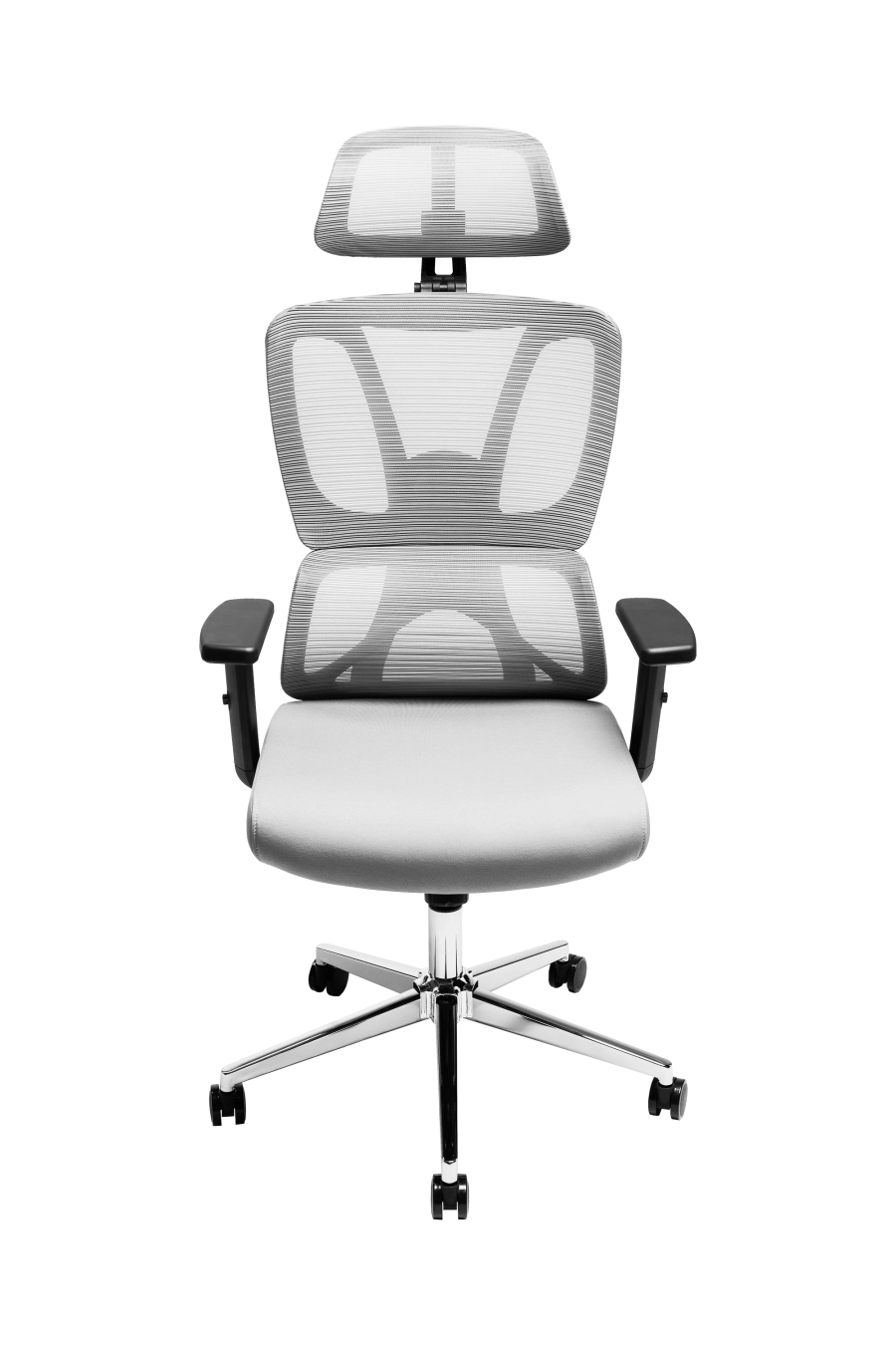 Cordoba: CUSTÓ Cordoba combină eleganţa minimalistă cu ergonomia avansată: şezutul tapitat din stofă conferă confort imediat, iar spătarul din plasă elastomerică asigură o ventilaţie eficientă pe durata întregii zile de lucru. Tetiera reglabilă 3D îţi permite ajustări fine în înălţime, adâncime şi unghi, pentru o susţinere optimă a capului şi gâtului. Suportul lombar fix menţine postura corectă fără efort suplimentar. Cotierele ajustabile pe înălţime se pliază pe nevoile tale — fie în intervale de concentrare, fie în momente de relaxare la birou. Mecanismul sincron cu blocare într-o poziţie şi baza stelată din oţel cromat, împreună cu rolele din poliuretan, garantează mobilitate lină şi stabilitate solidă pe diferite tipuri de suprafeţe. Culoarea gri adaugă o notă sobru-executivă, perfect integrabil în spaţii profesionale unde stilul şi confortul merg mână în mână.